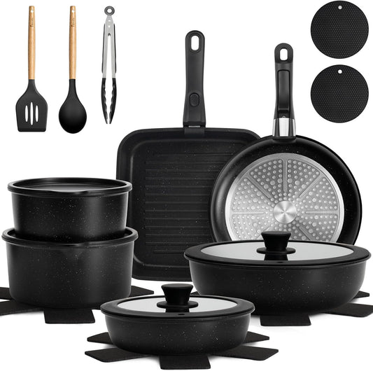 KIKCOIN 20pcs Nonstick Cookware Set with Detachable Handles