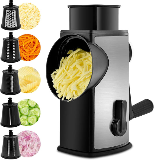 5-in-1 Rotary Cheese & Vegetable Grater – Multi-Blade Manual Shredder for Kitchen